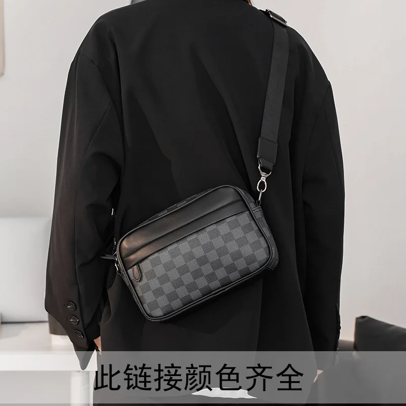 Casual Business Shoulder Bag for Men PU Leather Messenger Bag Wide Strap Crossbody Bags Square Plaid Designer Male Sling Bags