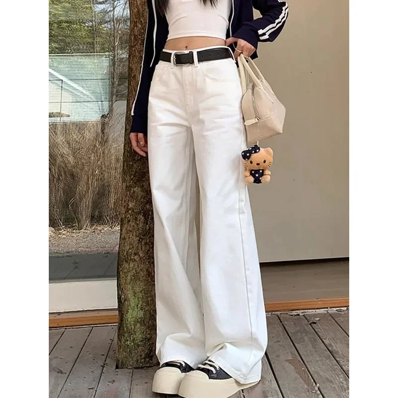 ZHIO High Waist White Jeans for Women New Simple All-Match Loose Straight Denim Pants Autumn Winter Casual Wide Leg Trousers