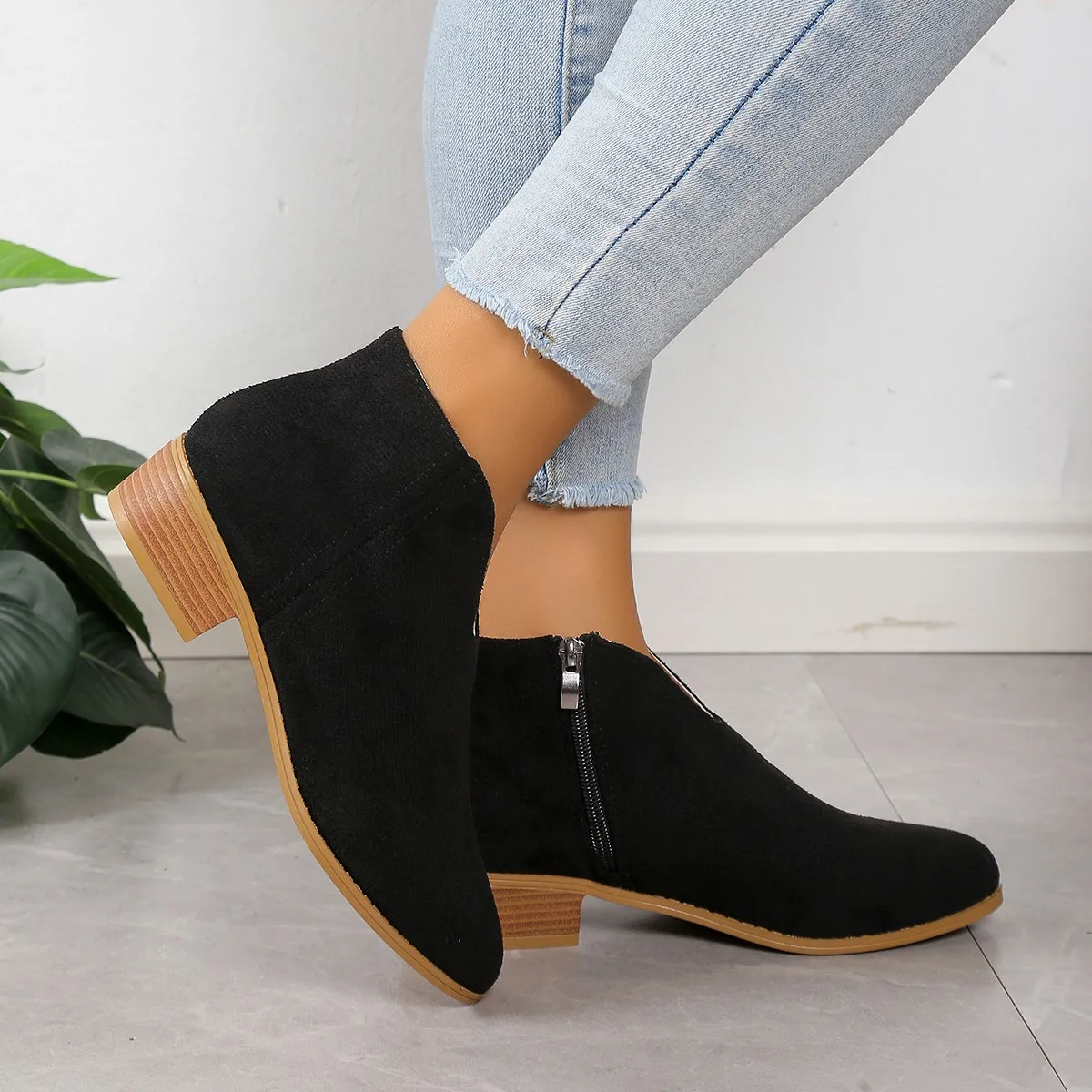 Ankle boot feminino de dedo apontado, salto quadrado, sapatos casuais, confortável, elegante, moda, novo, 2024