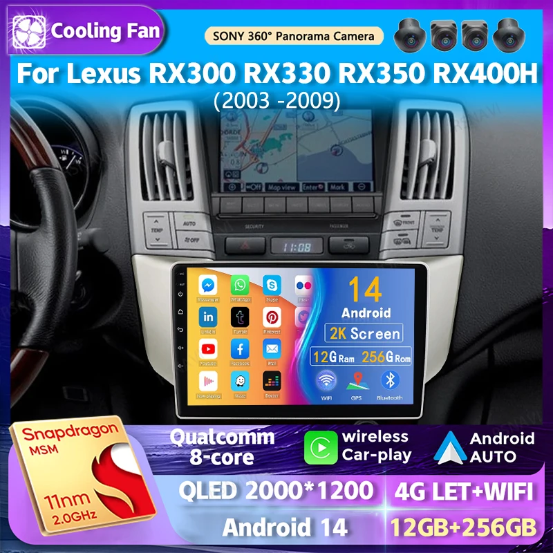 Android 14 Wi-Fi + 4G Carplay АВТО Автомобильное радио для Lexus RX300 RX330 RX350 RX400H 2003-2009 Навигация GPS-плеер Стерео Мультимедиа