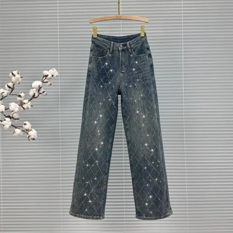 Calças de brim de luxo strass para mulheres cintura alta denim jeans elegante losango calças largas y2k moda feminina denim