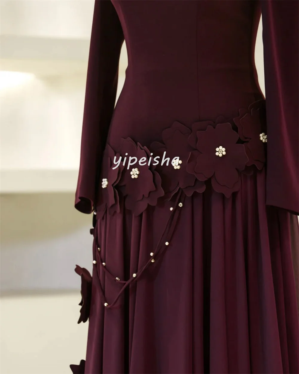 Customized Intricate Retro Jersey Rhinestone Handmade Flower Pleat Ruched A-line High Collar Long Dresses Evening Dresses Casual image 4