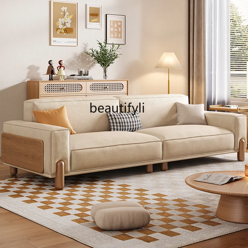 

Sofa log cream wind straight row living room narrow corduroy technology cloth sofa