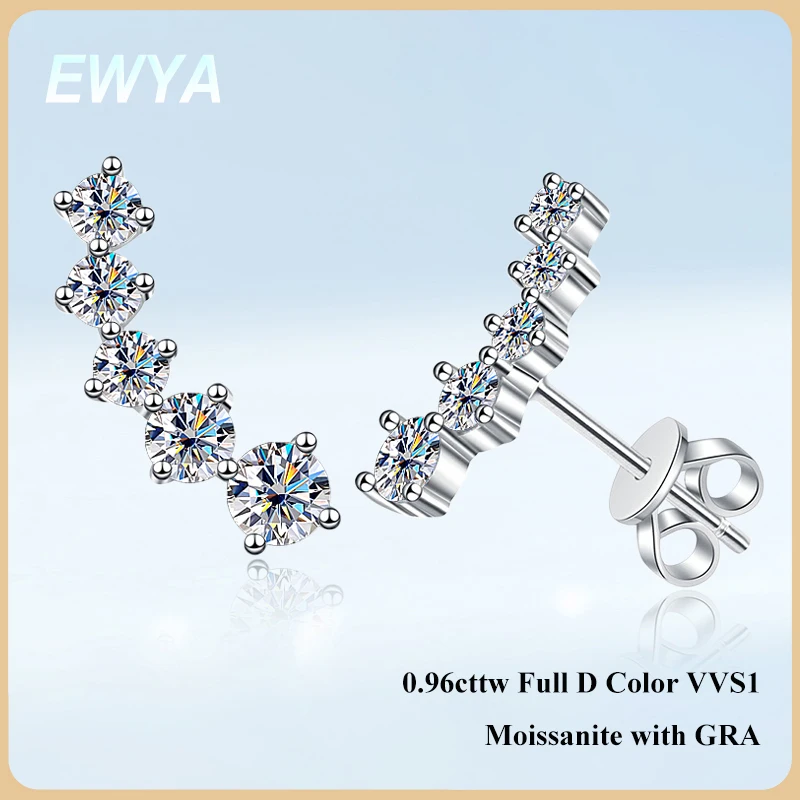 EWYA Gradient 0.96cttw D Color Full White Moissanite Stud Earrings for Women Girls 925 Silver All Diamond Party Ear Fine Jewelry