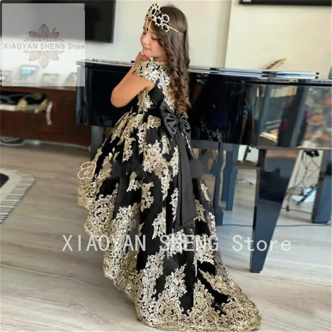 Black Gold Lace Flower Girl Dress For Wedding Short Sleeve Fluffy Tulle Princess Birthday Ball Gowns First Communion Dress