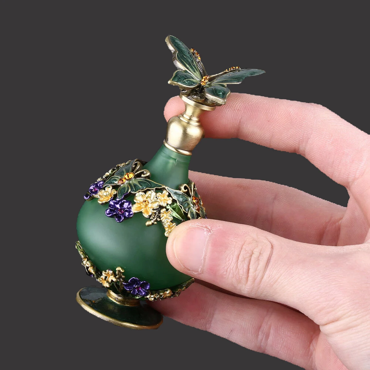 25ml Decoration Glass Bottle Butterfly Cap Flower Painting Pattern Metal Art Enamel Frosted Emerald Bottle Luxury Perfume Jar
