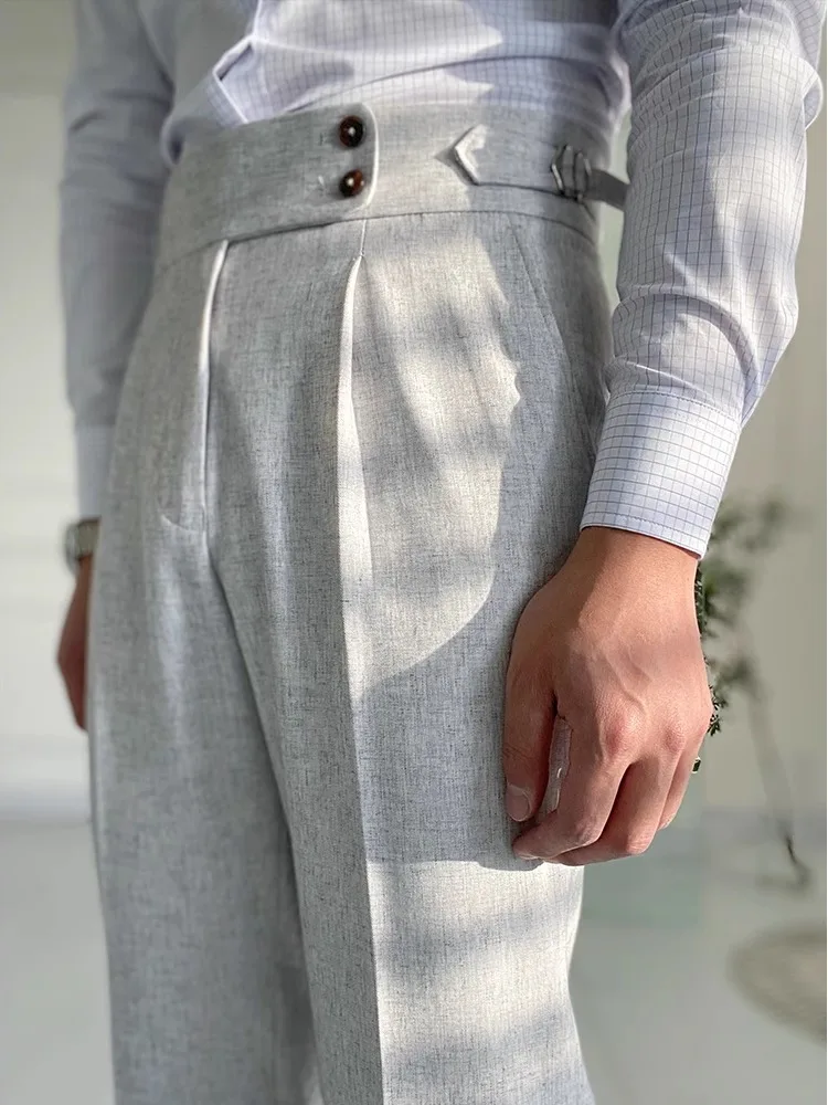 

Neapolitan High Waist ey Men's Faionable Casual Pants Paris Button Straight Leg Long Trousers Busin Casual Urban Sle