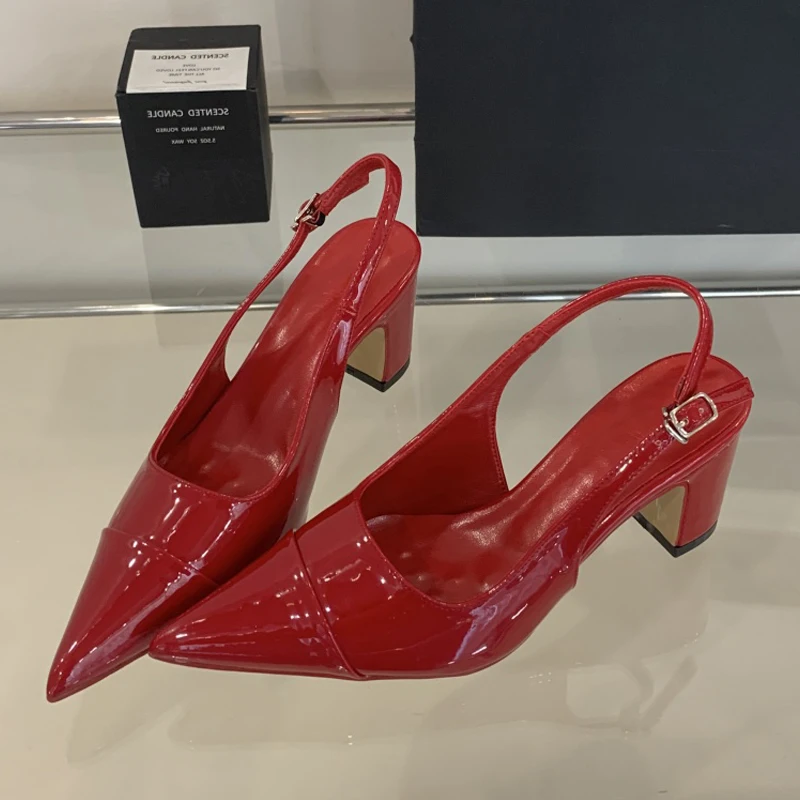 

Aneikeh Sexy Red Fashion Patent Leather Buckle Strap Pumps Women Slingback Pointed Toe Square Heels Wedding Party Shoes