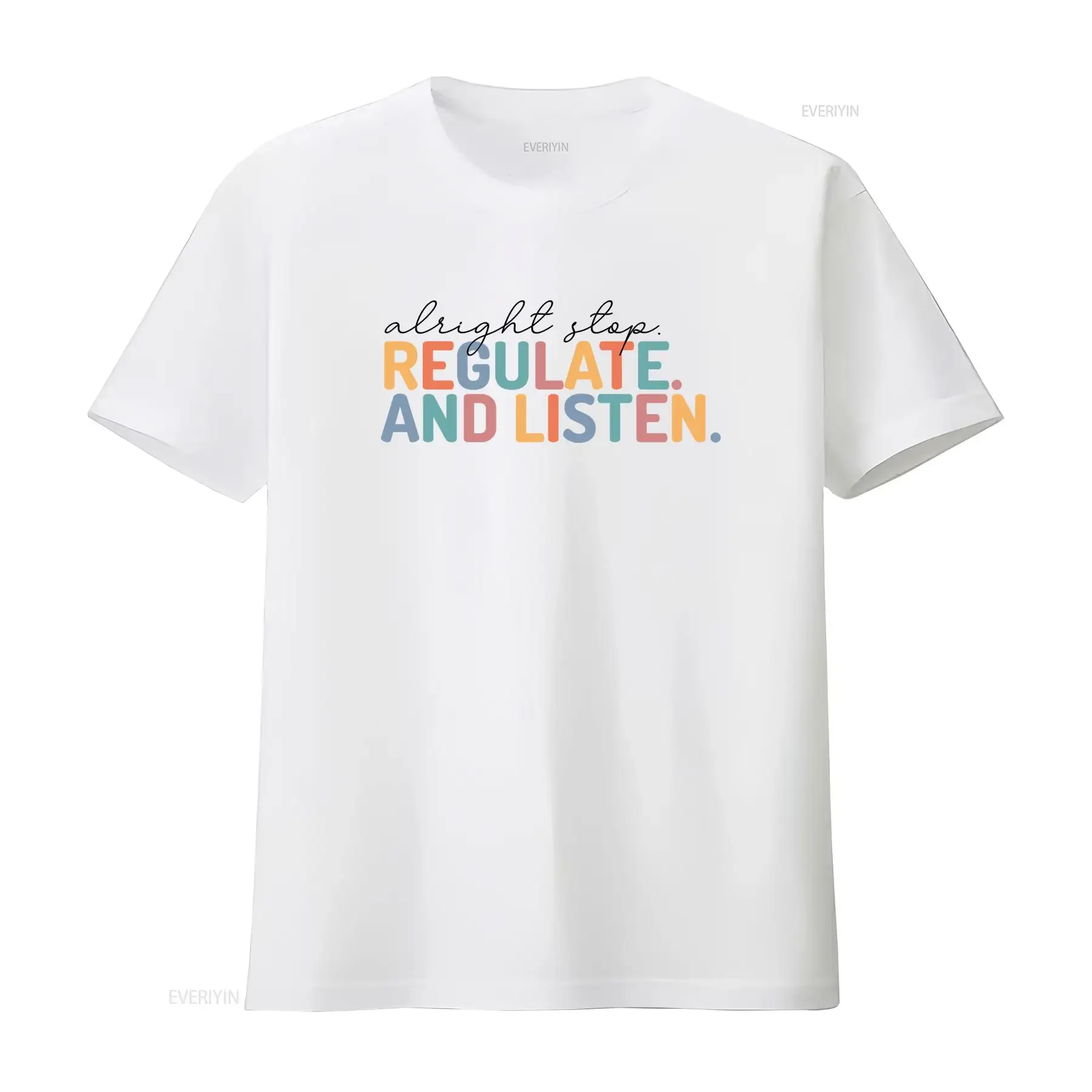 Retro Colorful Regulate And Listen Slogan Print Casual T Shirt vintage Washed Soft streetwear fashion Versatile Comfortable