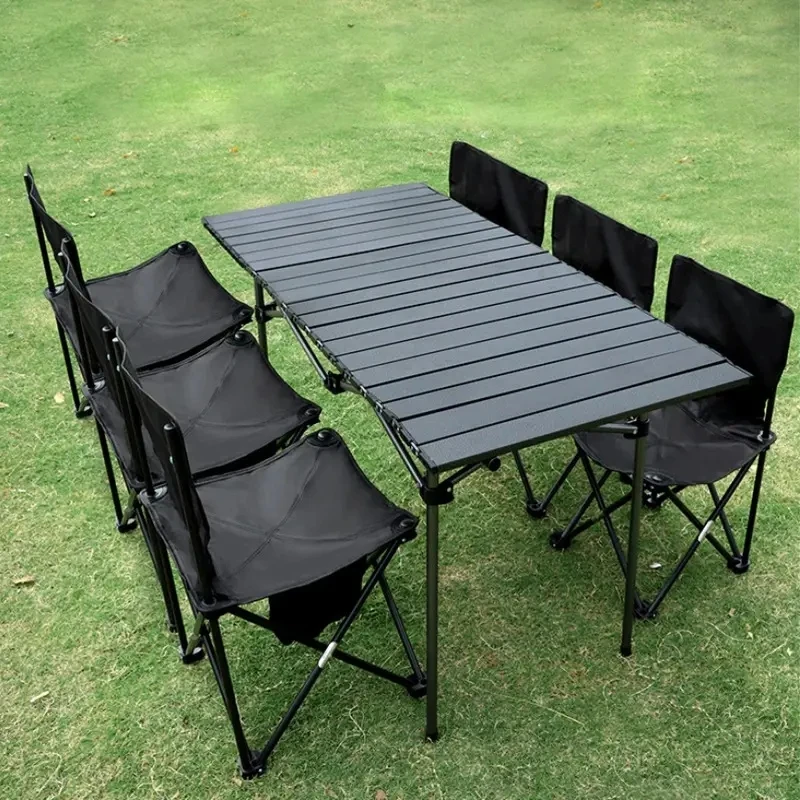 

Modern 7-Piece Set Outdoor Table And Chairs Black Outdoor Furniture Foldable Chair Table Kit Folding Camping Table Chair Sets