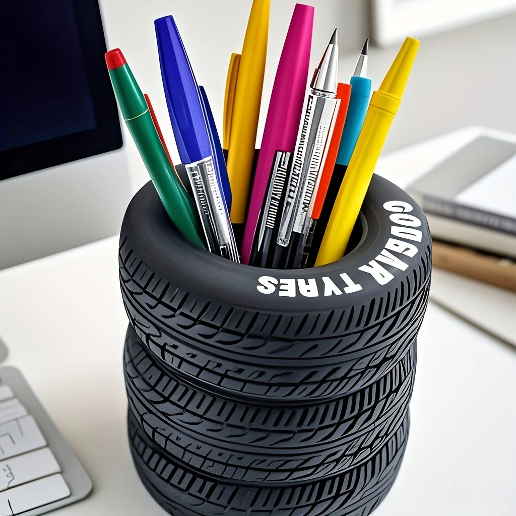 1-Pack Fun Tire-Shaped Pen Holder - Durable Black Pvc Desk Organizer with Letters, Suitable for School and Office, Great Holiday Gift, New Year Present