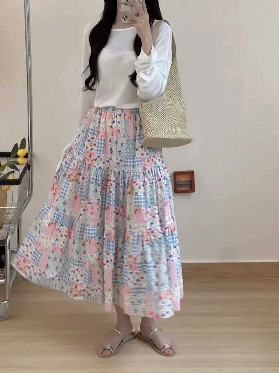 Elastic Waistband Plaid Fruit Printed Cute Midi Long Skirt Women/Unlined No Lining Skirts/lolita jk japanese korean kawaii y2k