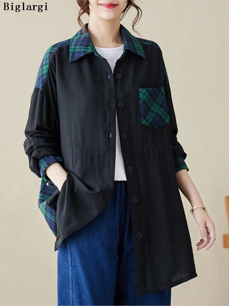 

Oversized Autumn Plaid Print Patchwork Shirts Coat Women Slim Waist Pleated Modis Ladies Shirts Jackets Casual Loose Woman Coats