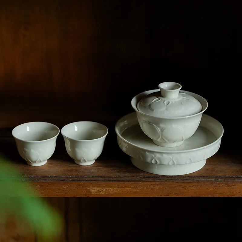 Imitation Song Dynasty Ding Kiln White Ceramic Ercai Gaiwan Teapot Handmade Relief Kung Fu Tea Set Tea Brewing Pot Tasting Cup M