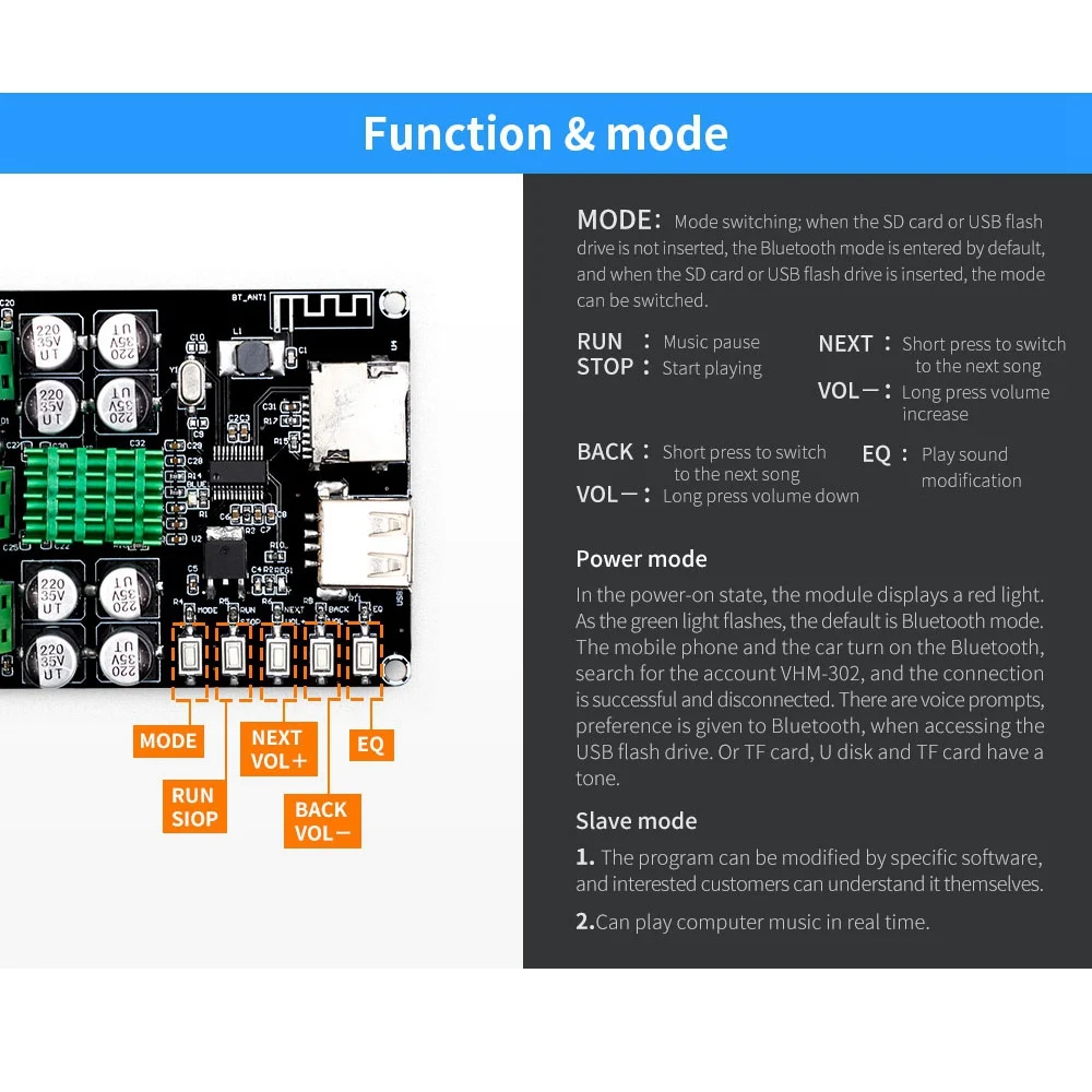 Carte d'amplificateur de puissance Bluetooth 100W TPA3116wiches amplificateur VHM-302 Bluetooth intégré U Disk TF