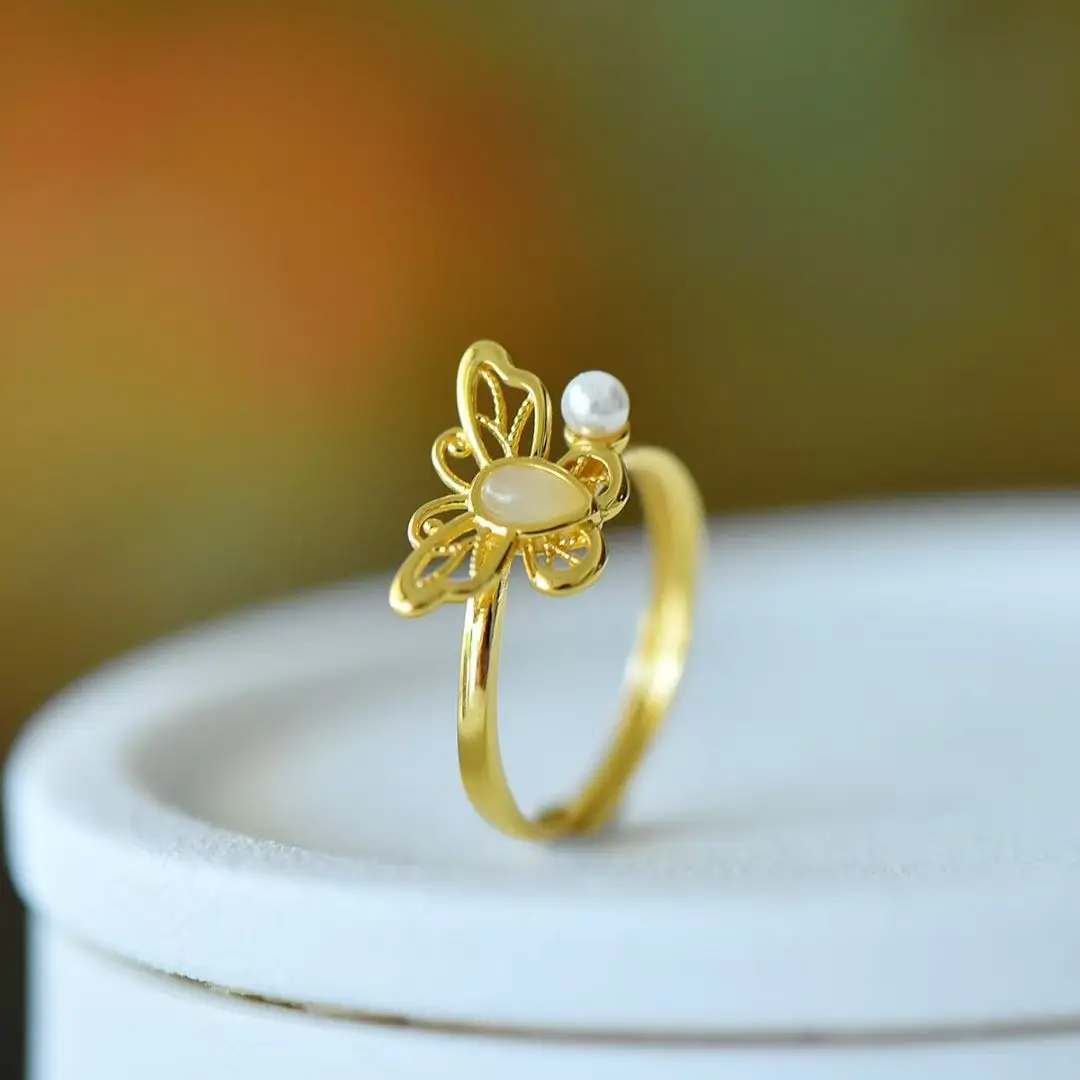 

Certificated 925 Silver Natural Oval Jade Butterfly Cocktail Ring 18K Gold Plated Pearl Bowknot Finger Band Real Stone Jewelry