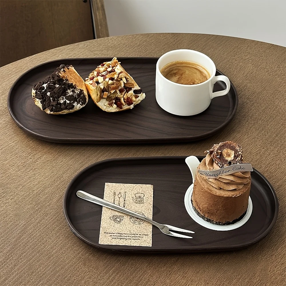 2-Piece Set of Small Oval Trays in Walnut Wood Color, Suitable for Tea Cups, Small Plates, Snacks, Cakes, Café Desserts, Storage Trays, Tea Trays, Christmas and Halloween Table Decorations