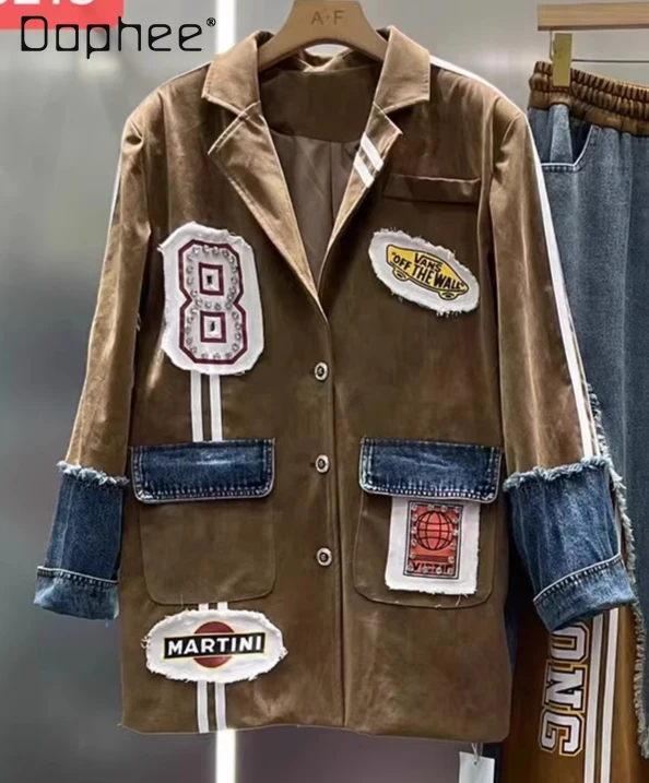 

European Style Denim Patchwork Blazer for Women Spring and Autumn Fashionable Loose Coffee Color Jacket Coats
