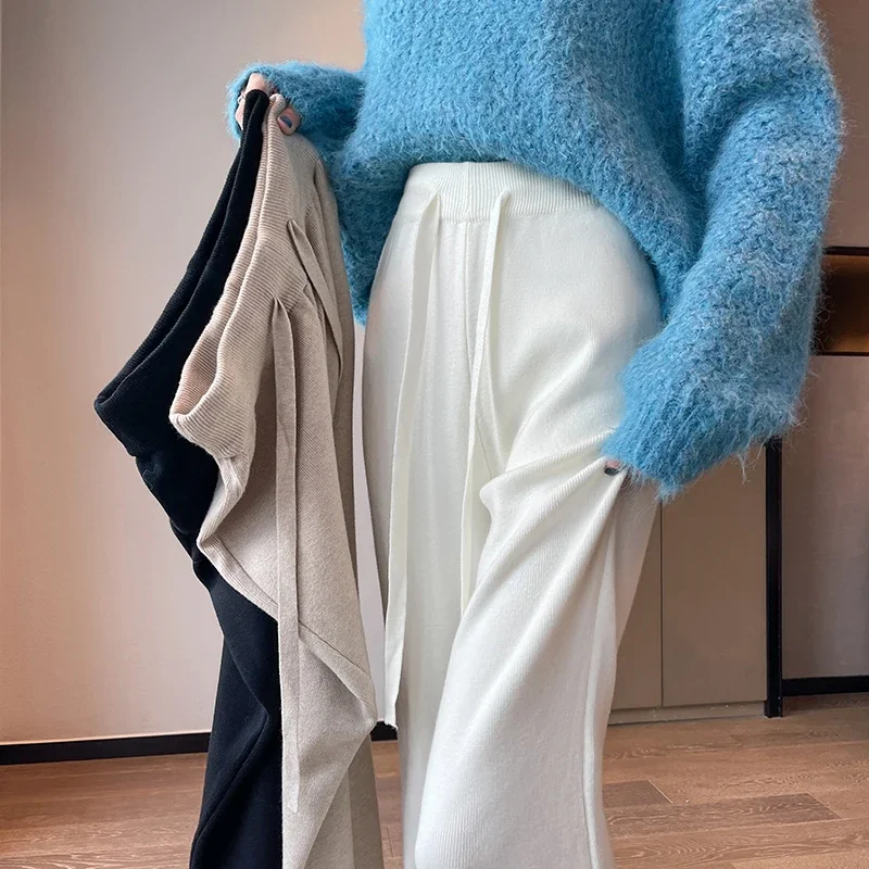 Women Pants Korean Sweet Lace Knitted Micro Flared High Waisted Wide Leg Retro Casual Versatile Autumn Winter