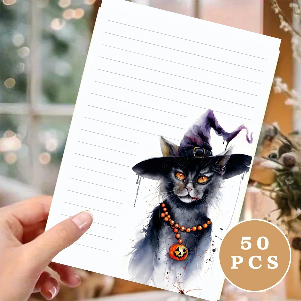 50 Sheets,Retro Black Cat Hat -themed Writing Paper, Lined, Glue-free, Perfect For Notebooks, Memos, And Stickers