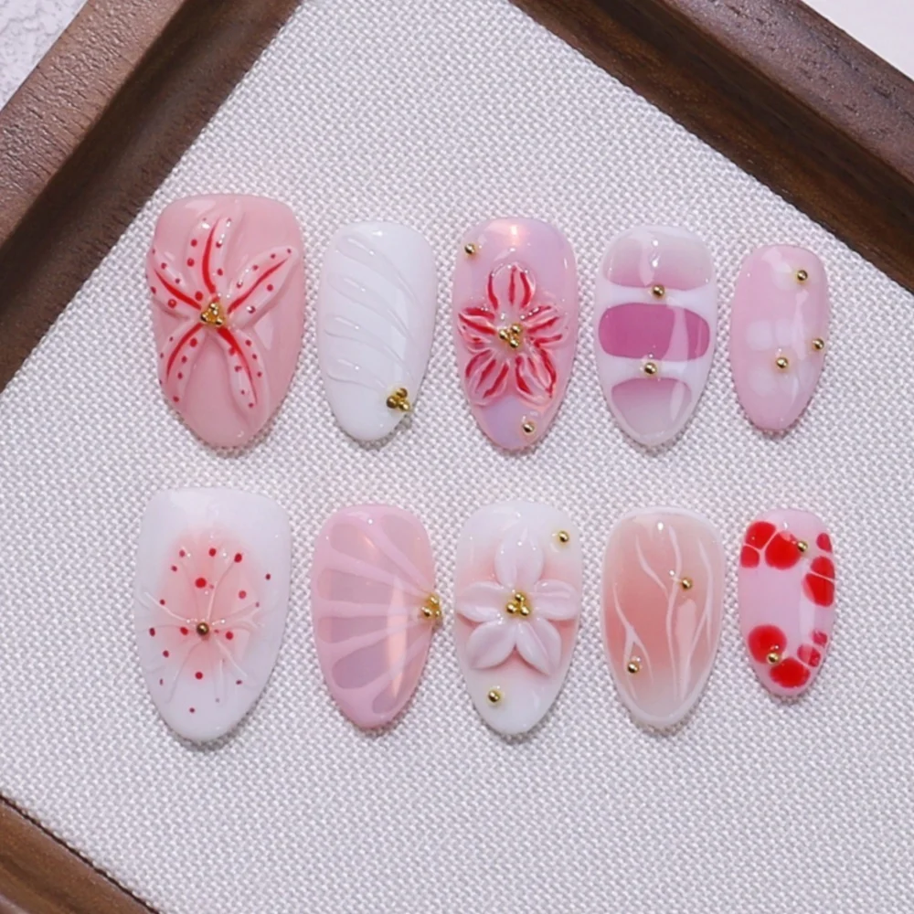 

10pcs Short Almond Handmade False Nails Flower Stick on Nail Art with Pearl Design Pink Fake Nail Tips Reusable Press on Nails