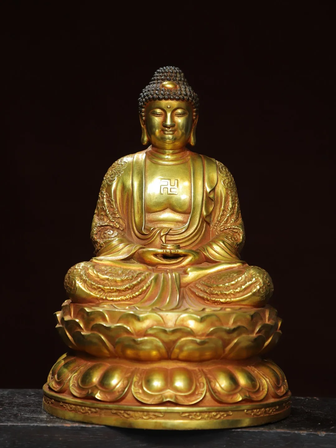 

12"Tibetan Temple Collection Old Bronze Gilded Cinnabar Amitabha Buddha Shakyamuni Buddha Platform Sitting Buddha Worship Hall