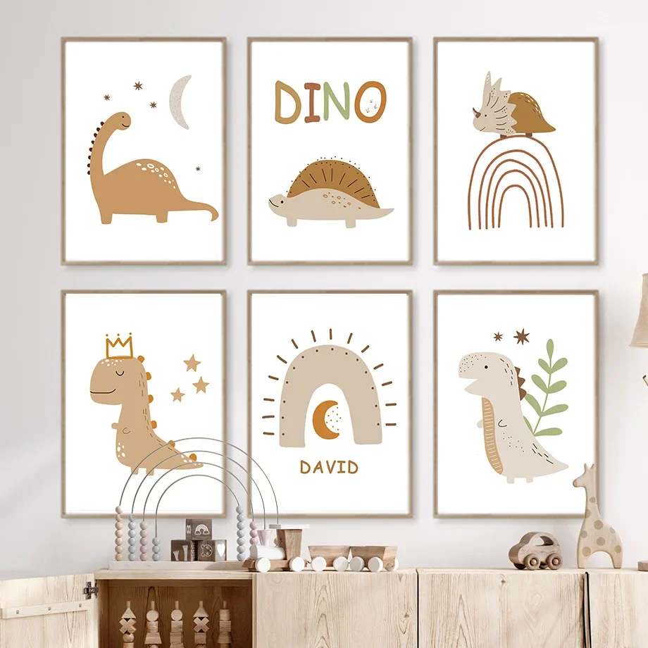

Boho Dinosaur Baby Animal Rainbow Personalized Wall Art Canvas Nordic Kids Room Decor Poster Print Cute Animal Theme