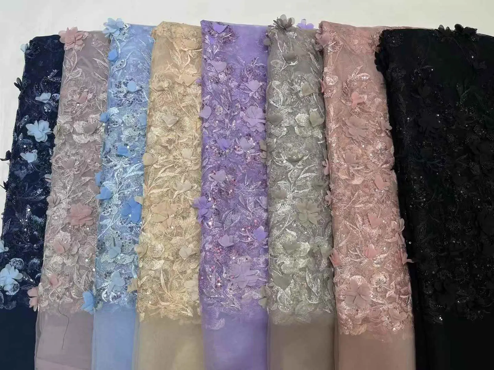 Latest African Beaded Sequins Lace Fabric Fashion Nigeria France 3D Applique Embroidery Mesh Tulle Lace For Wedding Dress Party