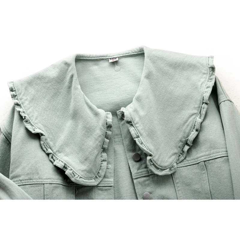 Peter Pan Collar Long Sleeve Denim Jacket Women Loose Short Student Cowboy Outerwear Korean Light Green Jeans Jacket Coat Female