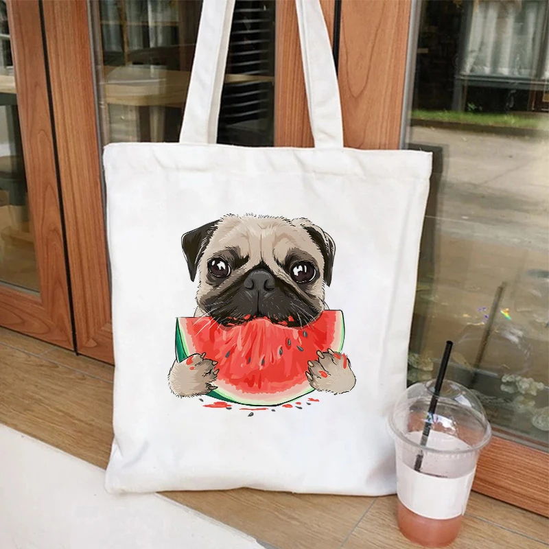 Women Canvas Tote Bags I Love Mom Dog Print Graphic Shoulder Bag Reusable Shopper Shopping Bag Fashion Lady Portable Handbags