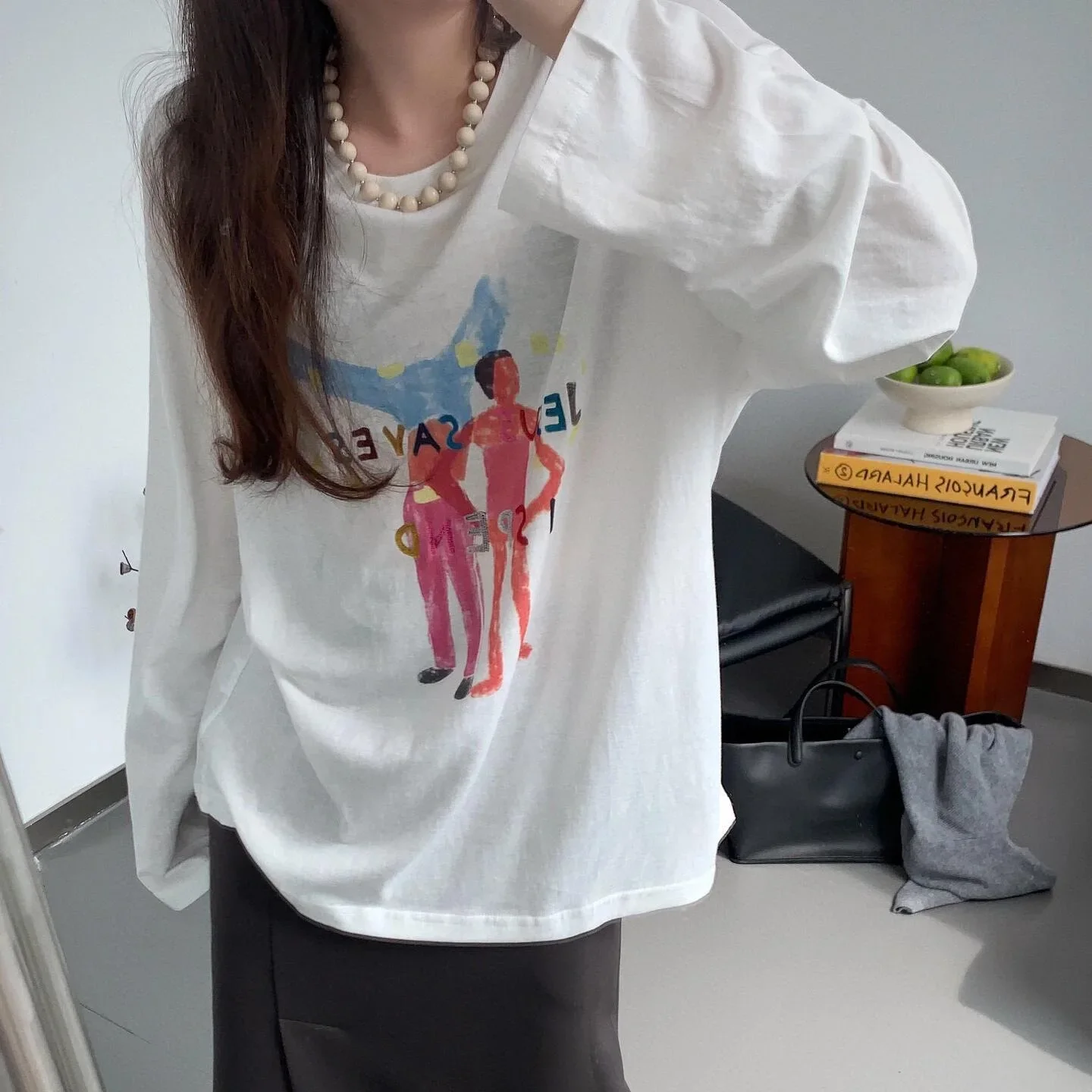 

Fall/Winter 2024 Painted Pattern Long Sleeve T-Shirt White Cotton Crew Neck Tops Tshirt