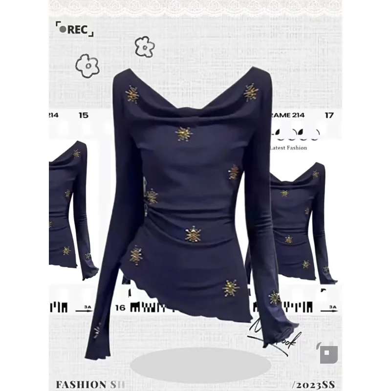 เสื้อยืดผู้หญิงทรงเข้ารูป แต่งเพชร ด้านหลังผูกเอว สำหรับต้นฤดูใบไม้ร่วง รุ่น Ele Long Sve