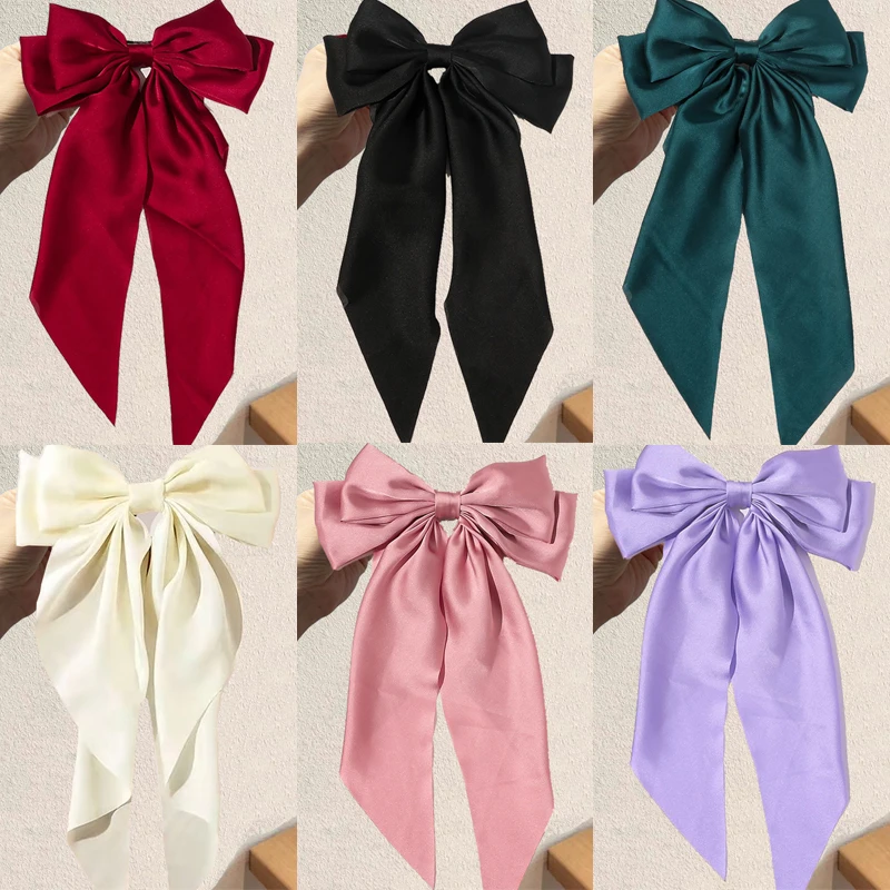 17KM Korean Black Red Big Bow Hair Clip For Women Girls Elegant Long Chiffon Ribbon Hairpins Barrette Hair Accessories Gifts