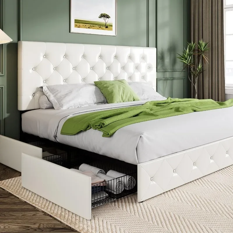 ZHENXIANG Upholstered King Size Platform Bed Frame with 4Storage Drawers and Headboard, Diamond Stitched Button Tufted,Mattres