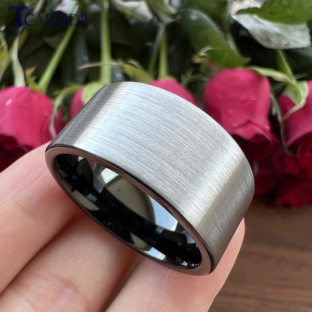 12MM Big Men Black Tungsten Carbide Finger Ring Flat Band Brush Finish Wedding Gift Jewelry Comfort Fit