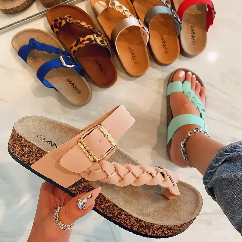 Women Sandals Flats Fashion Plait Leopard Summer Shoes Women Slippers Wear-Resistant Beach Ladies Sandals Female Shoes Size 43