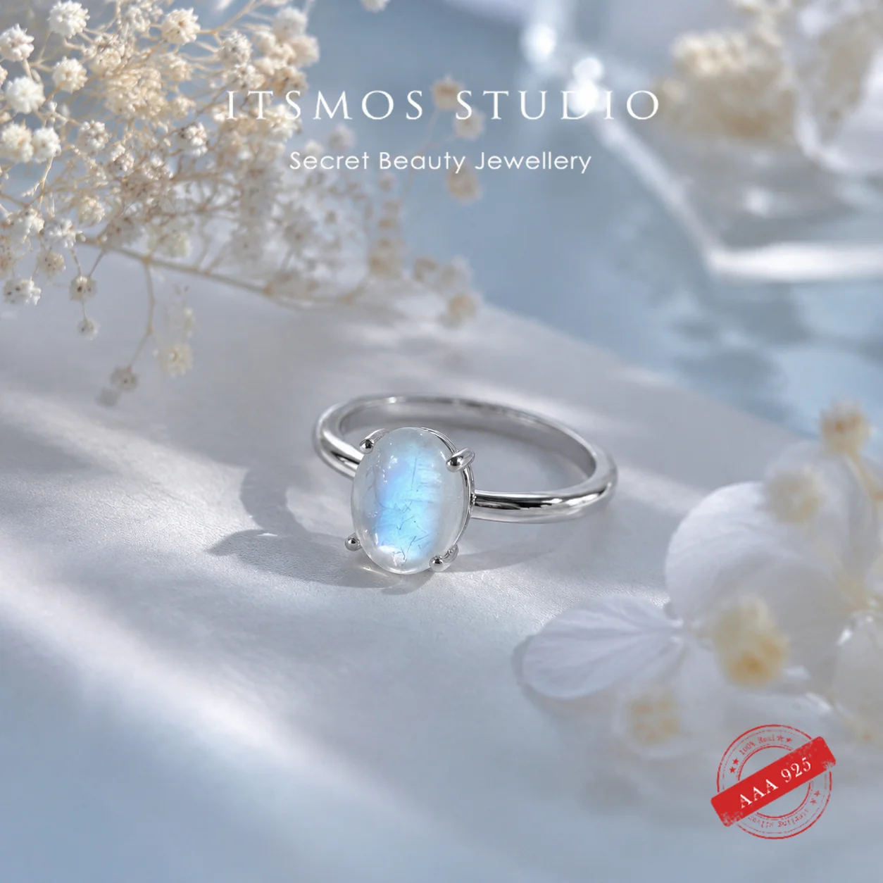 

ITSMOS Natural Blue Flash Moonstone Ring 925 Sterling Silver Band Fairycore Celestial Jewelry Rainbow Promise Ring for Women