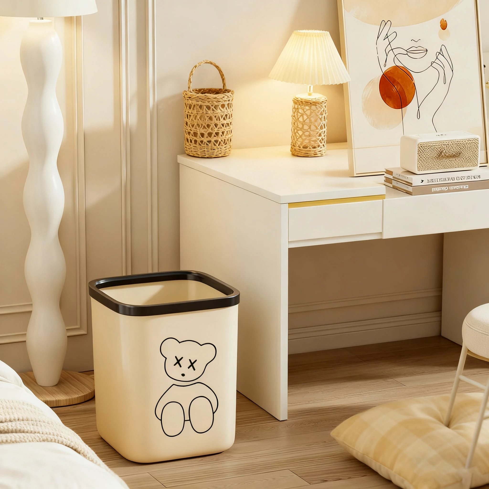 

Home Use Cream Style Trash Can 12L Square Thickened Plastic for Bedroom Bathroom Living Room Office Kitchen Universal Purpose