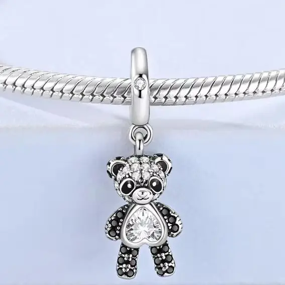Original Charm 925 Sterling Silver Zircon Bear Panda Sparkling Pendant Fit Bracelet Necklace Diy For Woman Jewelry