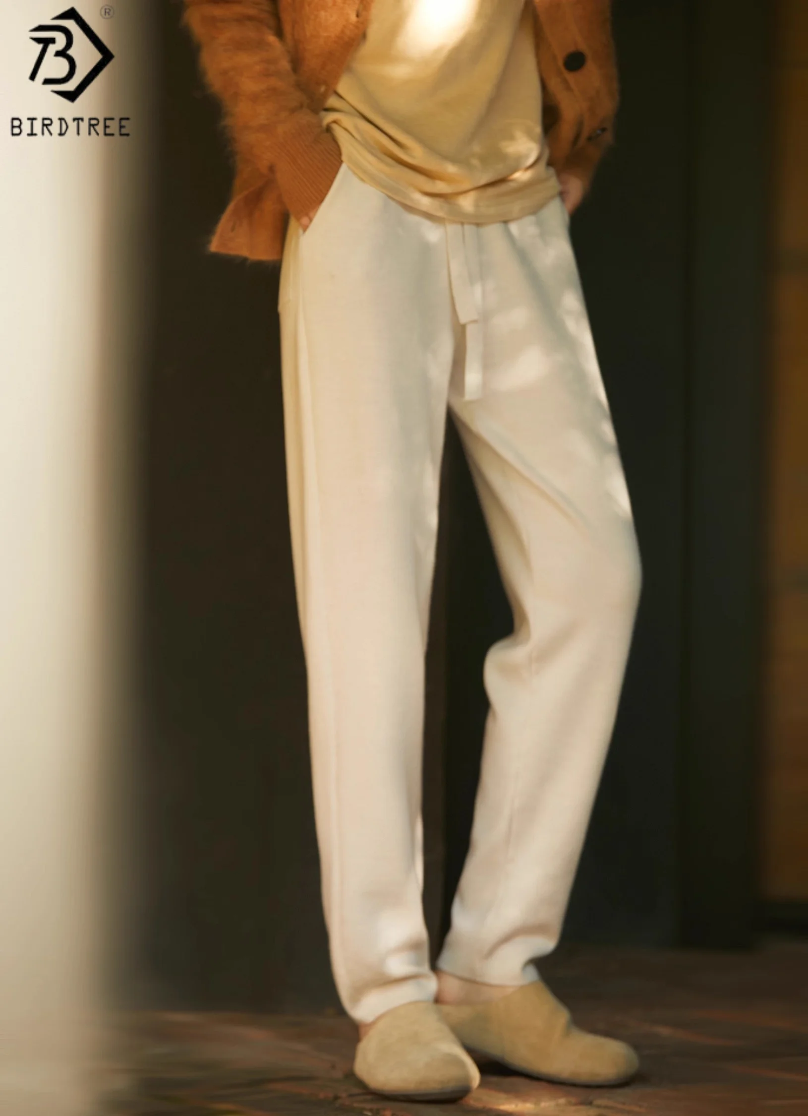 

Birdtree 100% Sheep Wool Solid Knit Pants,Women Elastic Waist Taper Pants With Pocket,Commuting Style 2025 Autumn P58912JF