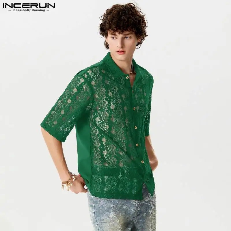 INCERUN Y-2024 Style Américain Mode Hommes PerconsiderJacquard Chemises Casual Streetwear Mâle Revers À Manches Courtes Blouse S-5XL