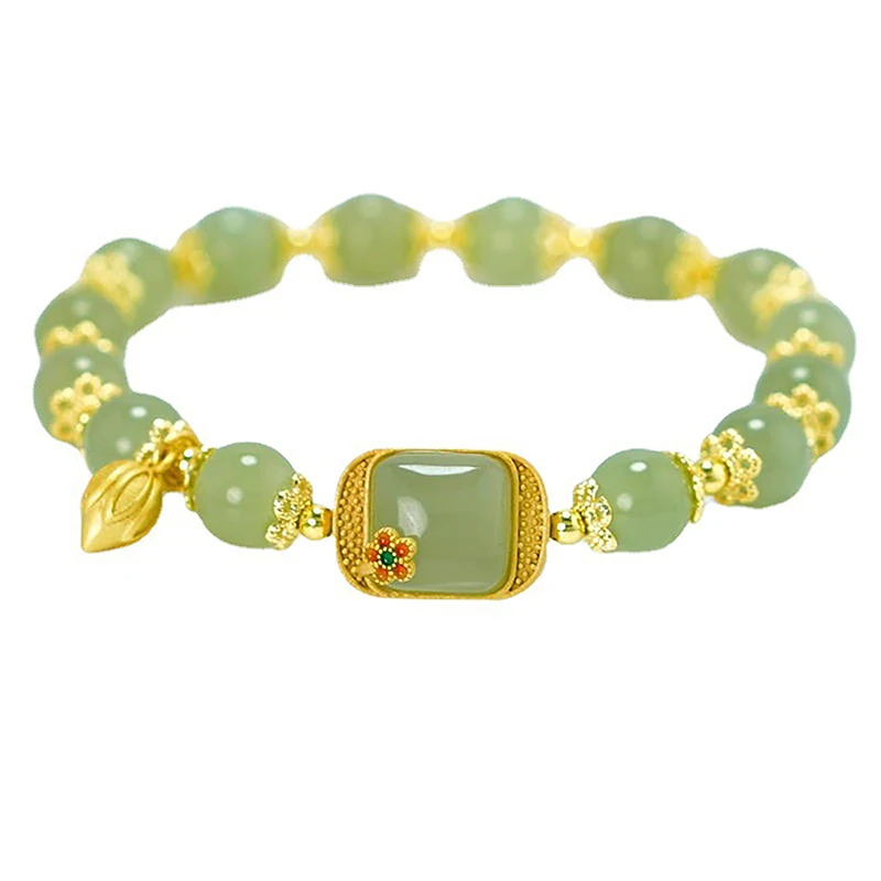 Pulsera con colgante de loto de Jade hetiano de imitación de estilo chino para mujer, brazalete con cuentas Vintage, joyería de lujo ligera, regalos