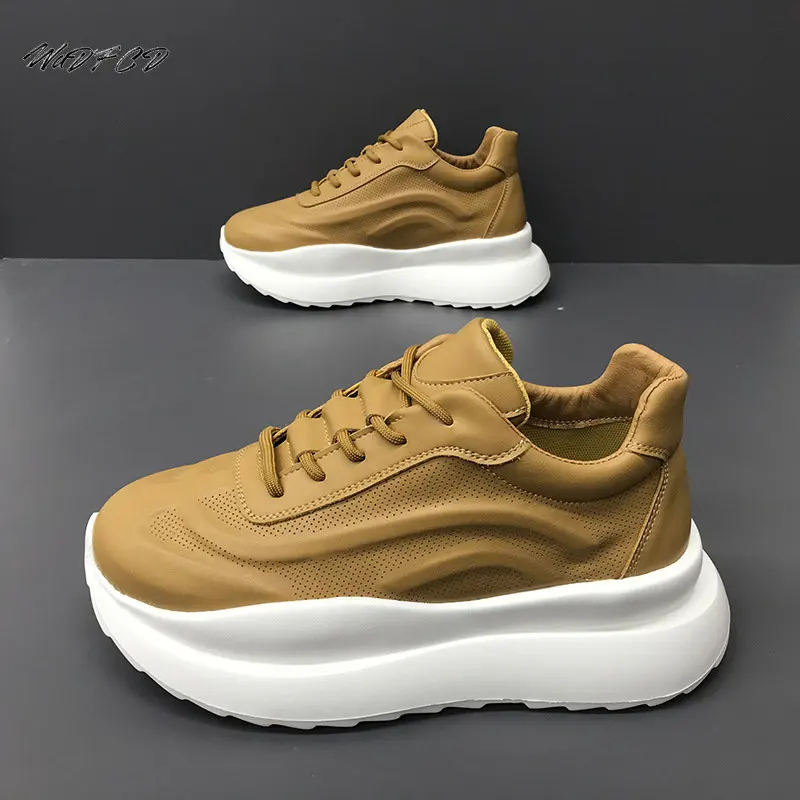 Chunky Sneakers Men Soft Sole Running Shoes Fashion Casual Genuine Leather Cowhide Breathable Height Increased Platform Shoes