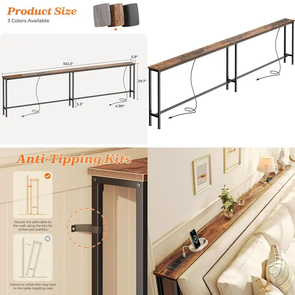 

Стол-консоль для дивана шириной 102 дюйма с двумя розетками и портами USB-C, ультратонкая консоль для хранения (5,9 дюйма), удлиненная скамья для прихожей в деревенском стиле