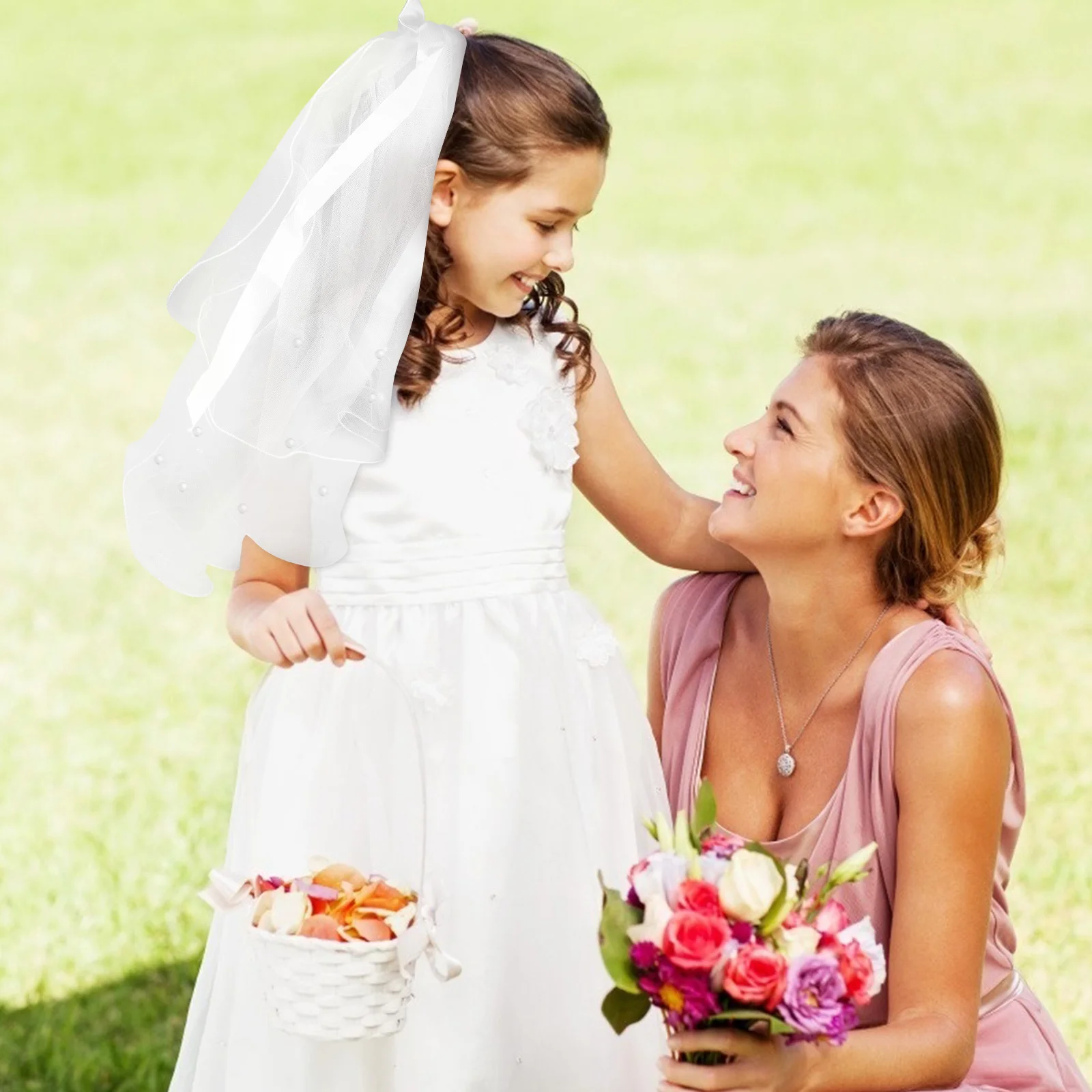 

Pearl Bow Veil Kids Wedding Bridal Decor Hair Veil Double Layer Toddler Headbands Children Photo Gift