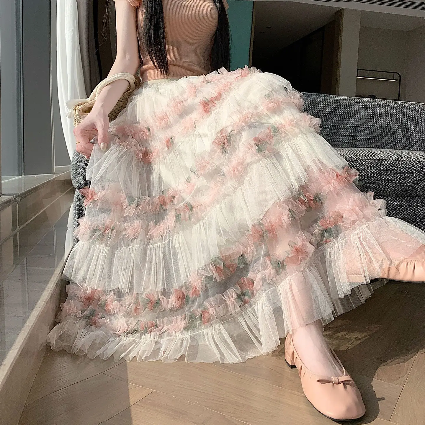 flower pleated mesh cake skirt women's spring summer sweet wind niche design sense A word big swing skirt