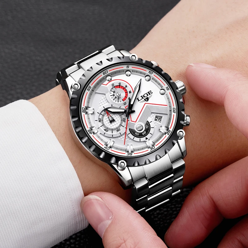 LIGE Fashion Mens Watches Top Luxury Brand Full Stainless Steel Waterproof Quartz Watch Men Chronograph Clock Relogio Masculino