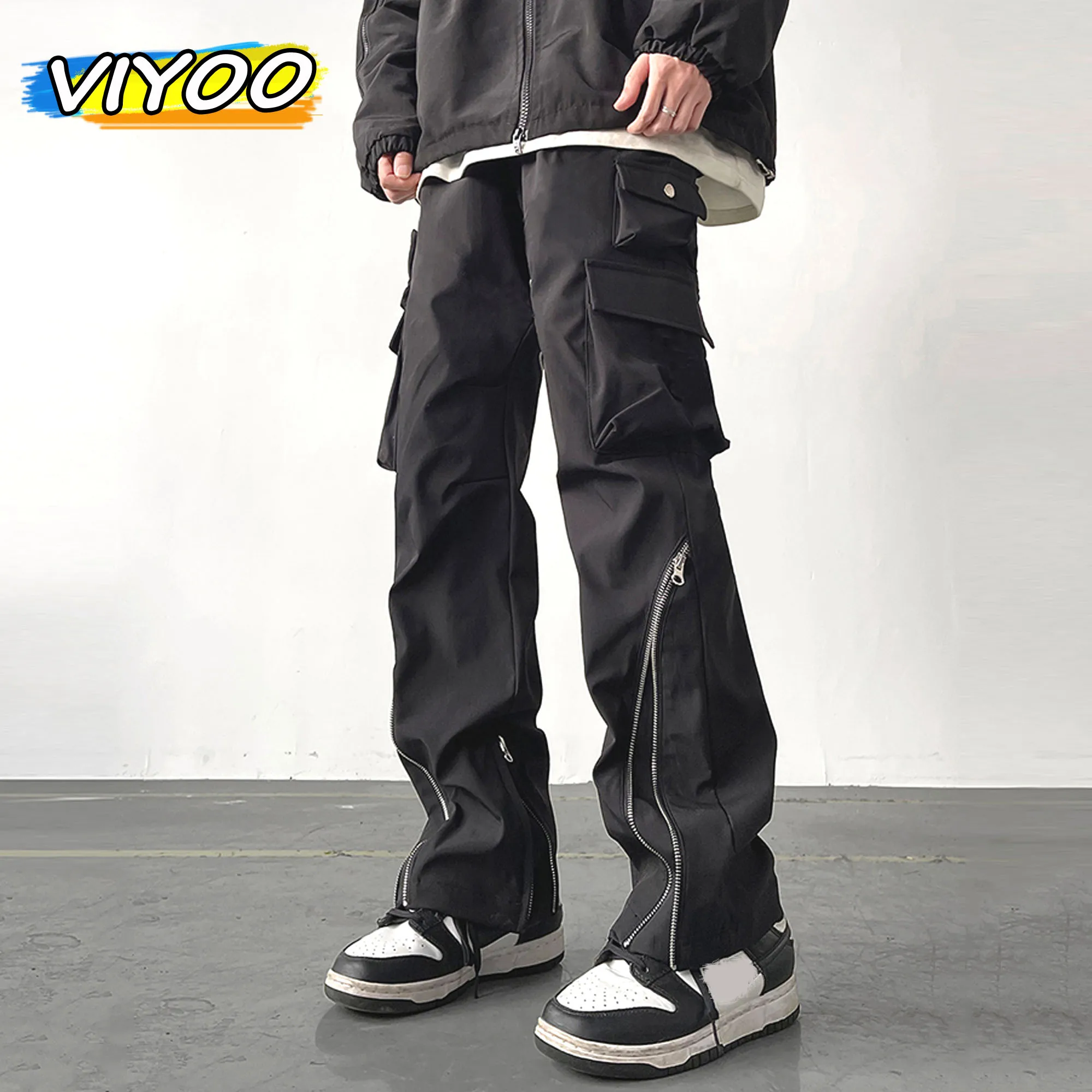 Japan Men's Y2K Striped Trousers Zip up Cargo Wide Leg Pants Streetwear Sweatpants Jogging Men Track Pants Techwear