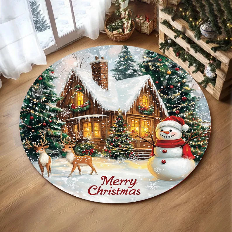 Christmas Snowflake Christmas Tree Round Rug Holiday Decor Cozy Living Room Bedroom FloorMat Winter Seasonal Decor  Bedside Rug