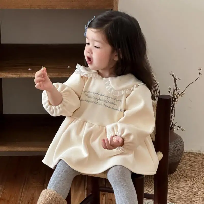 

2025 Winter New Girls Sweet Sweet Lace Lapel Dress Infant Toddler Long Sleeve Letter Dress Thick Warm Baby Girl Princess Dress